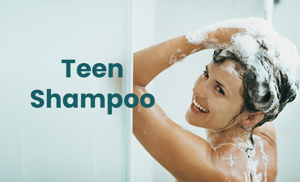 Teen hair shampoo bottle on white background, Gentle shampoo for teens with natural ingredients, Teen using shampoo for clean and healthy hair